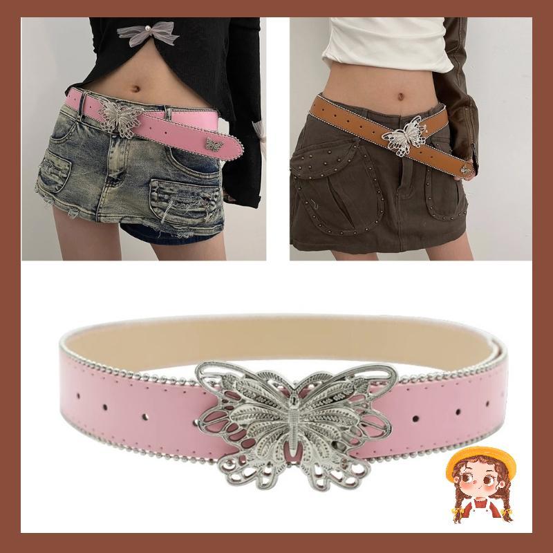 PU Leathers Belt Pin Buckle Belt Y2K Butterfly Buckle Wide Belt Adult Waistband