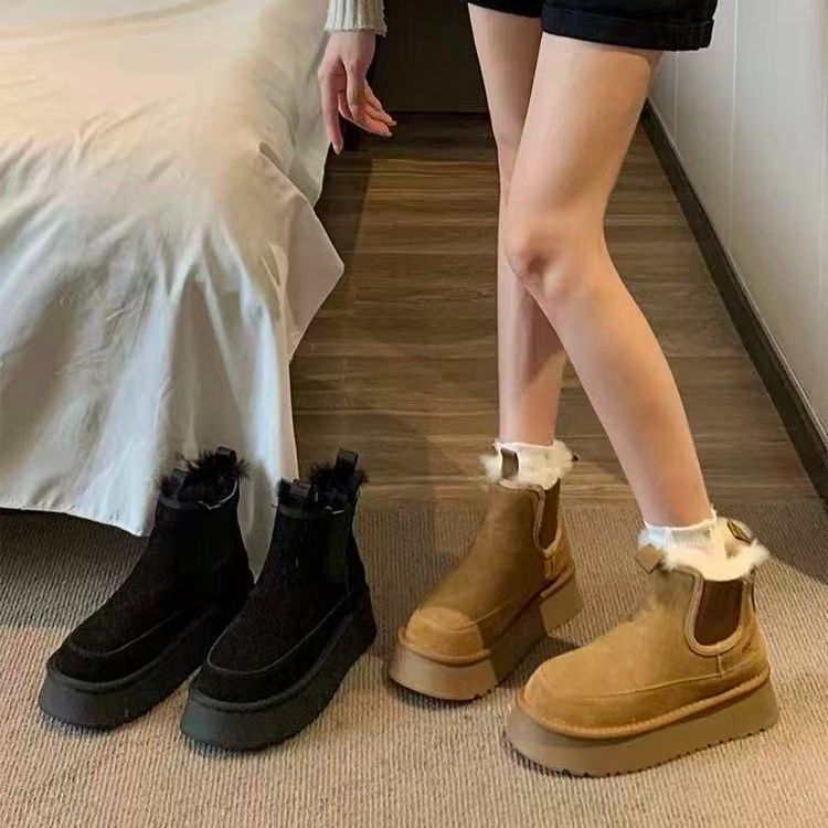 (เเนะนำ+1/เท้าอวบอูม+2ไซส์) TX751รองเท้าบูทหุ้มข้อ ขนปุย หนา5CM หนังนิ่ม ดีไซน์แฟชั่น หนังกลับ สไตล์เกาหลี สำหรับผู้หญิง