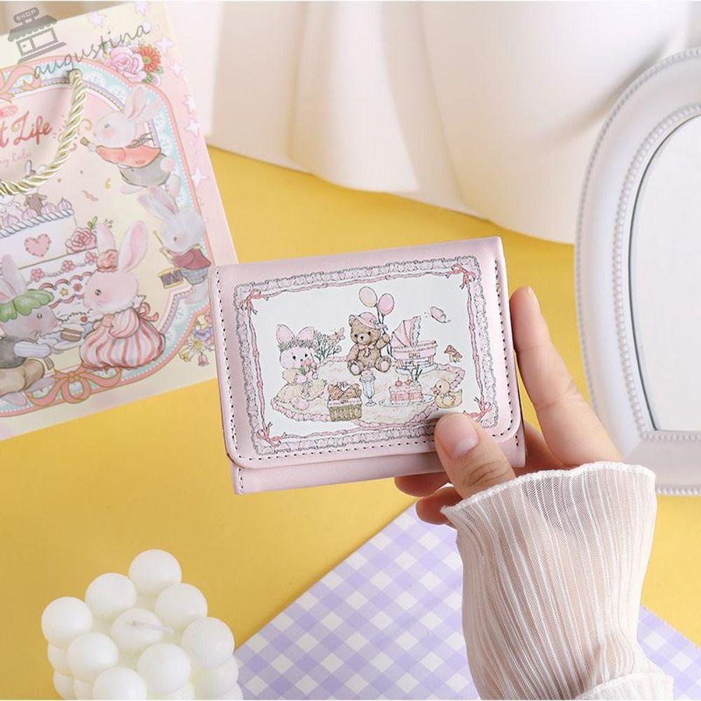 AUGUSTINA กระเป๋าสตางค์สามพับ, Picnic Dream Multi-card Position Wallet, Cute Spring Cash Bag Korean 