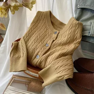 Dahong เสื้อคาร์ดิแกนสำหรับผู้หญิง สเวตเตอร์แขนยาวถักลายใหม่สำหรับผู้หญิง มีกระดุมแฟชั่น ฤดูใบไม้ร่วงและฤดูหนาวหลวม88011
