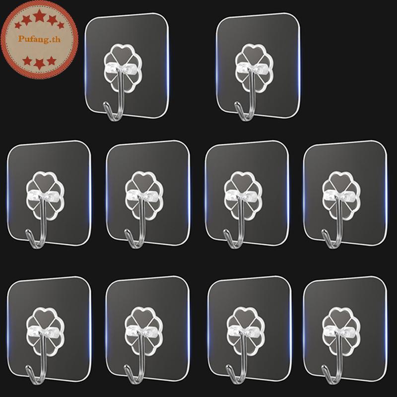 PUFANG 10PCS สแตนเลสโปร่งใส Strong Self กาวตะขอ Key Storage แขวนสําหรับห้องครัวห้องน้ําประตูผนัง Multi-Function TH