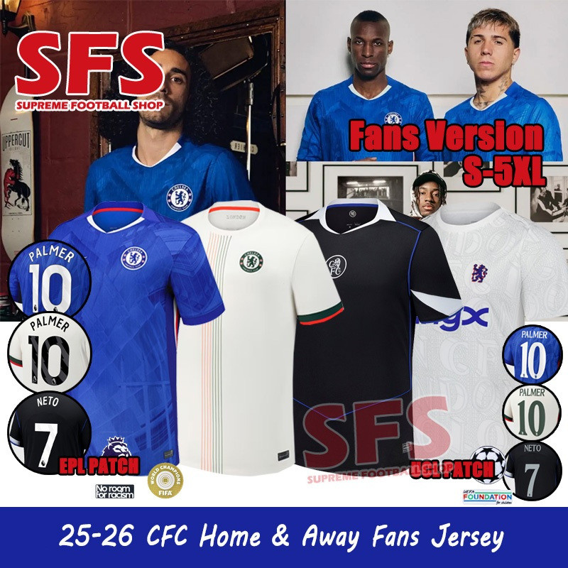 SFS คุณภาพสูง 25-26 เชลซีชุดเยือนเหย้าย์ฟุตบอลเสื้อฟุตบอลเสื้อกีฬาแฟนรุ่นผู้ชายเสื้อยืด S-5XL