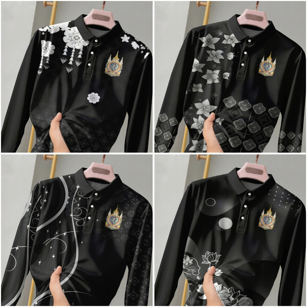 เสื้อโปโลชายแขนยาว ดีไซน์พิเศษลายสัญลักษณ์ทางการ royal พร้อมปักดำและขนาดใหญ่สำหรับใส่สบาย