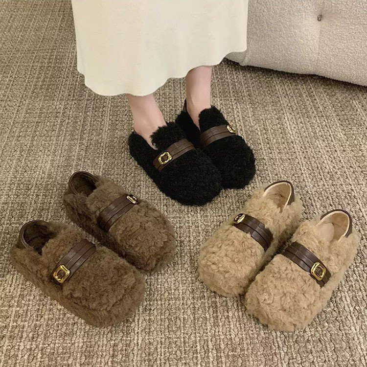 JINxCHOY เวอร์ชั่นเกาหลีหนังนิ่มรอบ Toe สบาย WARM SLIP-On รองเท้าฤดูใบไม้ร่วงฤดูหนาวสไตล์ใหม่ Retro ขนแกะ-ขนแกะ WARM หนา Soled Casual กลางแจ้งสวมใส่ Anti-SLIP Wear-Res