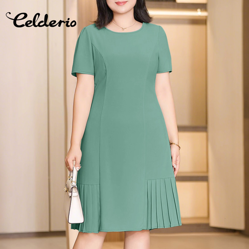 Celderio ชุดเดรสแขน Raglan ผู้หญิงฤดูร้อนสไตล์เกาหลี A-Line ลูกเรือคอเข่าความยาวชุดแข็ง
