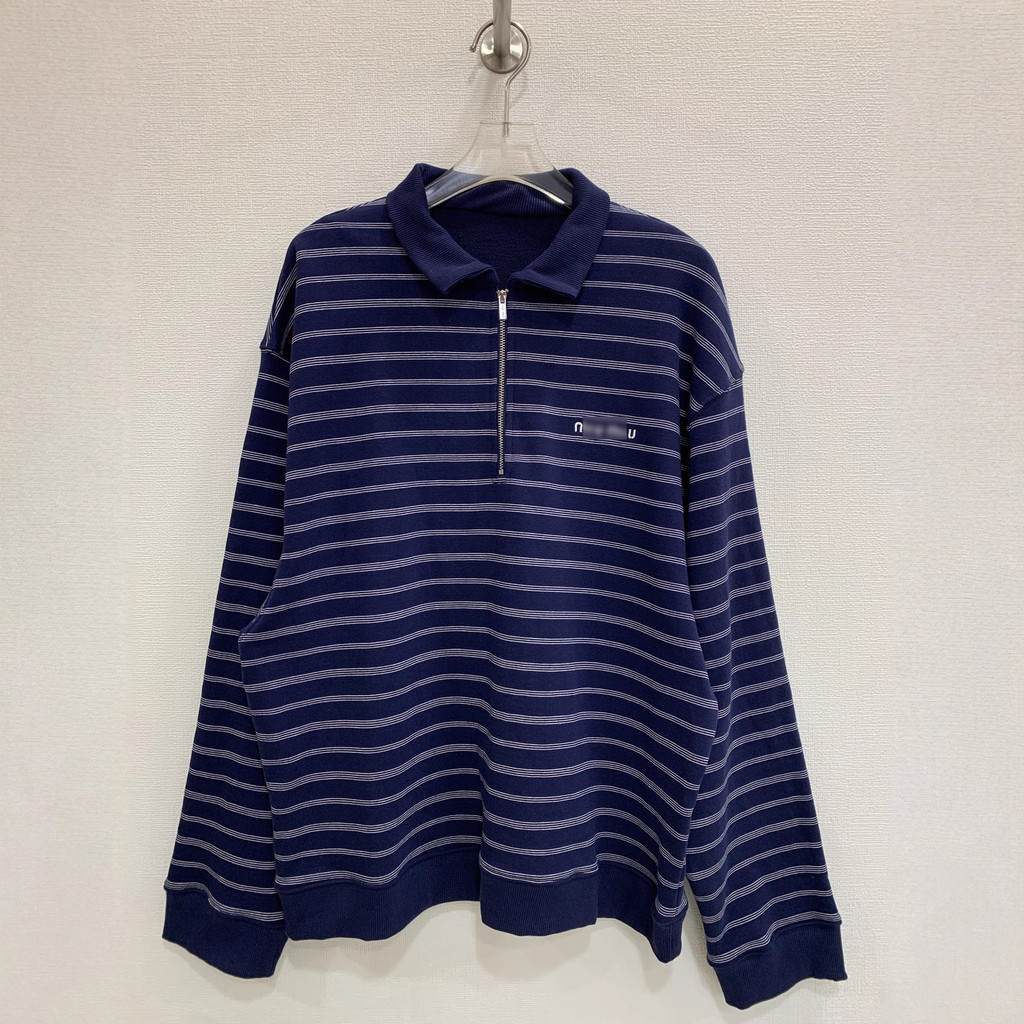 3YC7 MIU*MM 2025New Autumn/Winter Half-Zip polo Striped Collar Sweatshirt Top for Women, Pure Cotton