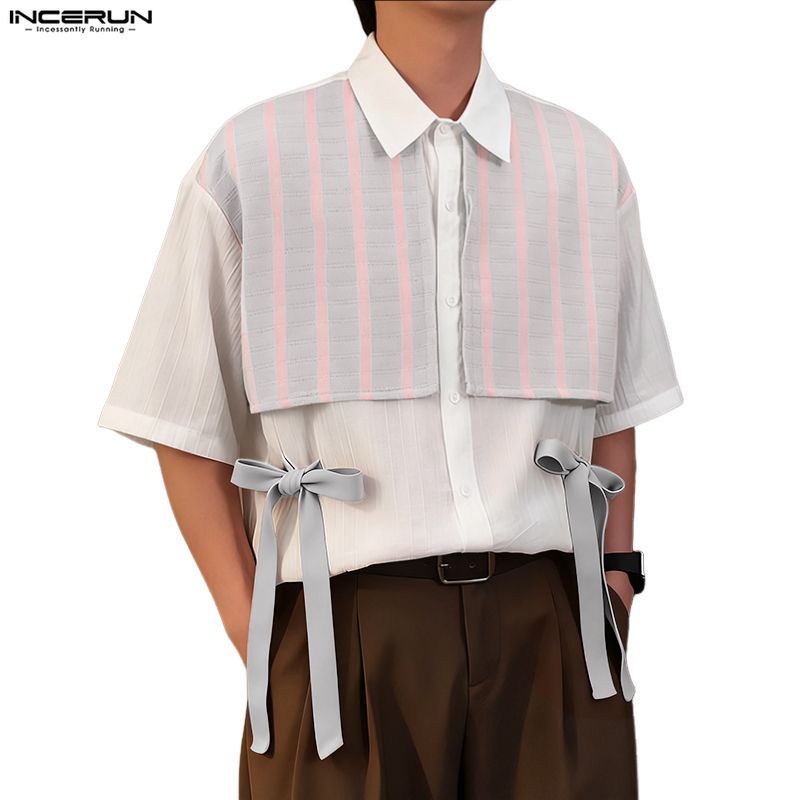 ไม่แน่นอน แฟชั่นสําหรับผู้ชายลายเย็บปะติดปะต่อกันสีตัดกันเสื้อเชิ้ตแขนห้าส่วน