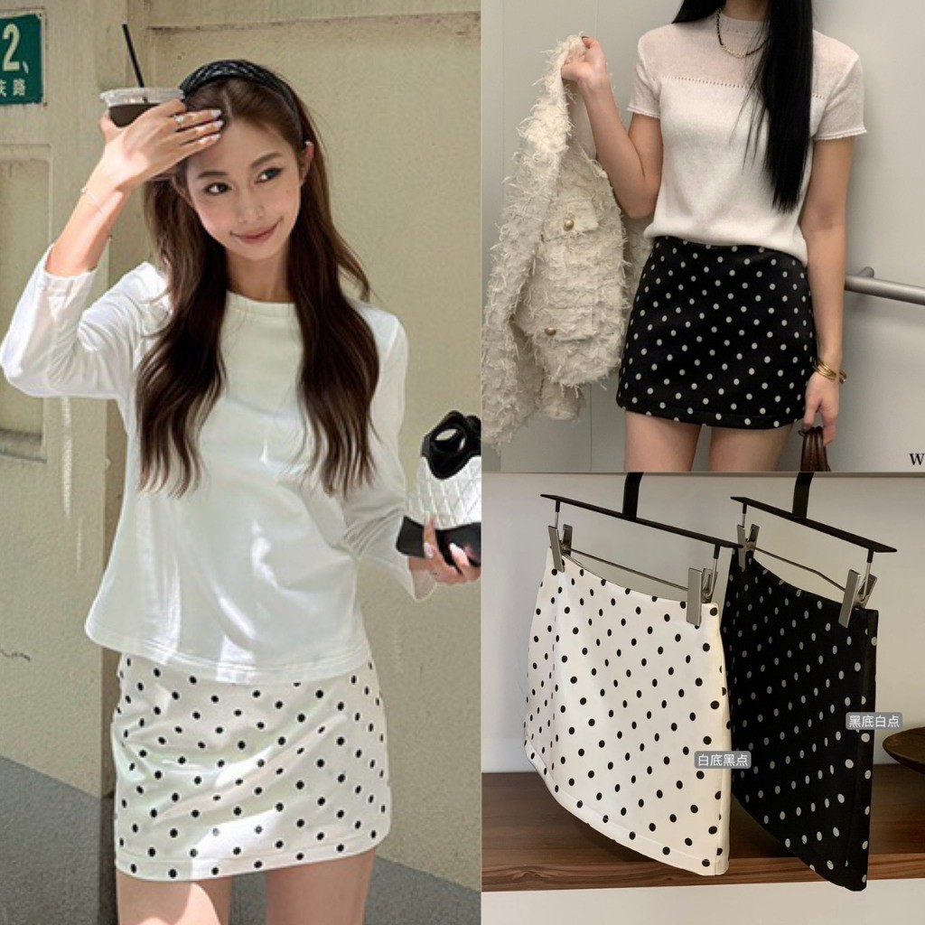 ❤ 🧵 🇰🇷 W7763 กระโปรงสั้นลายจุด ผ้าซาตินอย่างดี งานซิปข้าง มีซับในอย่างดีค่า แฟชั่นเกาหลี TAG WG.WE 🧵🧡