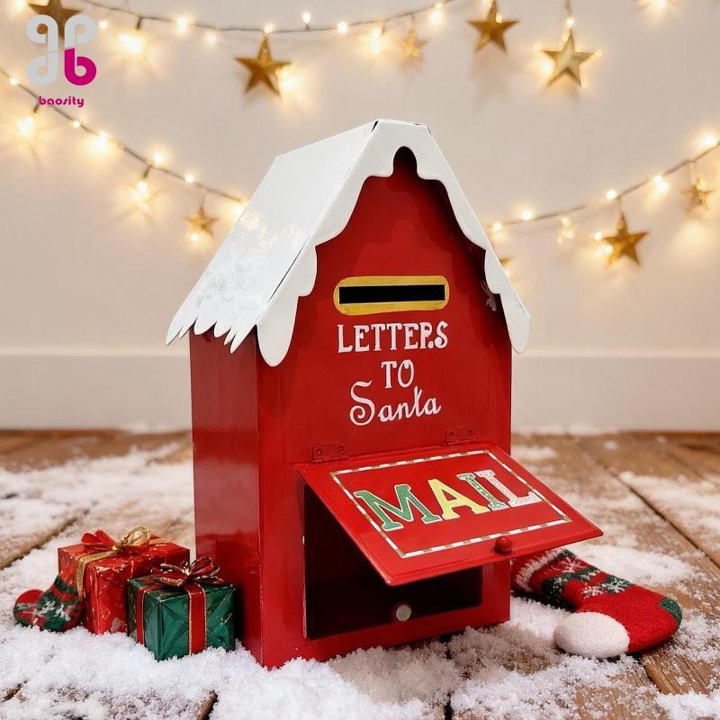 [ความเบา] ตู้ไปรษณีย์คริสต์มาสเหล็กกล่องจดหมายคริสต์มาสสําหรับตัวอักษรซานตาคลอสกล่องบ้านโลหะสีแดงถาดตัวอักษรตกแต่งโต๊ะสําหรับชุมนุ