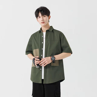 M-3XL เสื้อเชิ้ตแขนสั้นทรงเรียบง่าย คอเสื้อสีบล็อกทันสมัย ​​ทรงหลวม เสื้อคาร์ดิแกนอเนกประสงค์สำหรับผู้ชาย