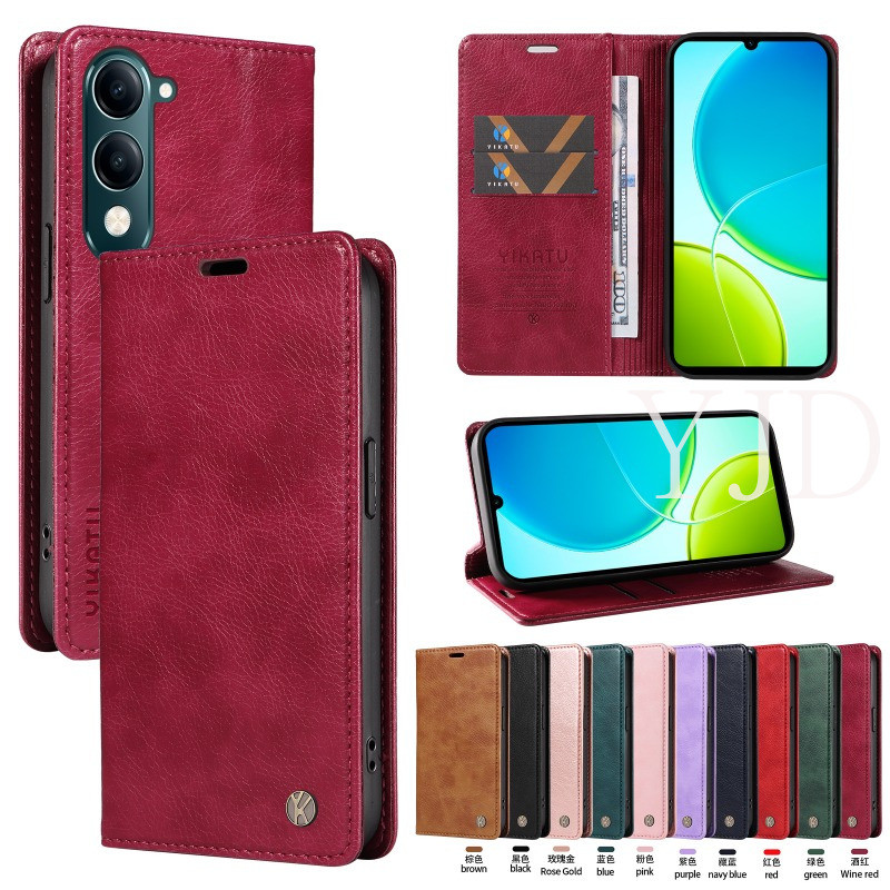 YJD สําหรับ Vivo Y04 Y04S Y29S Y29t ลายลิ้นจี่หนัง Ultra-thin Breathable ช่องใส่การ์ด Anti-Drop เคสโ