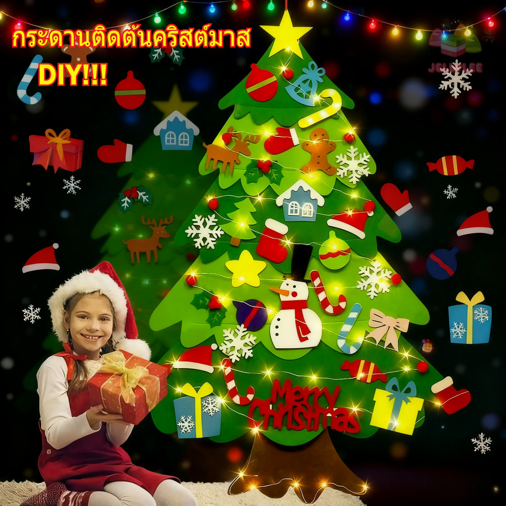 🎄 ต้นคริสต์มาสผ้าสักหลาด 3D แบบแขวนผนัง 🎄 พร้อมส่ง! มาพร้อมไฟ LED ปลอดภัยสำหรับเด็ก ของขวัญครอบครัว