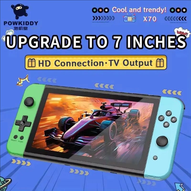 POWKIDDY X70 HD Retro Handheld Game Players 7 Inch Linux Video Game Console Built PS1 Emulator