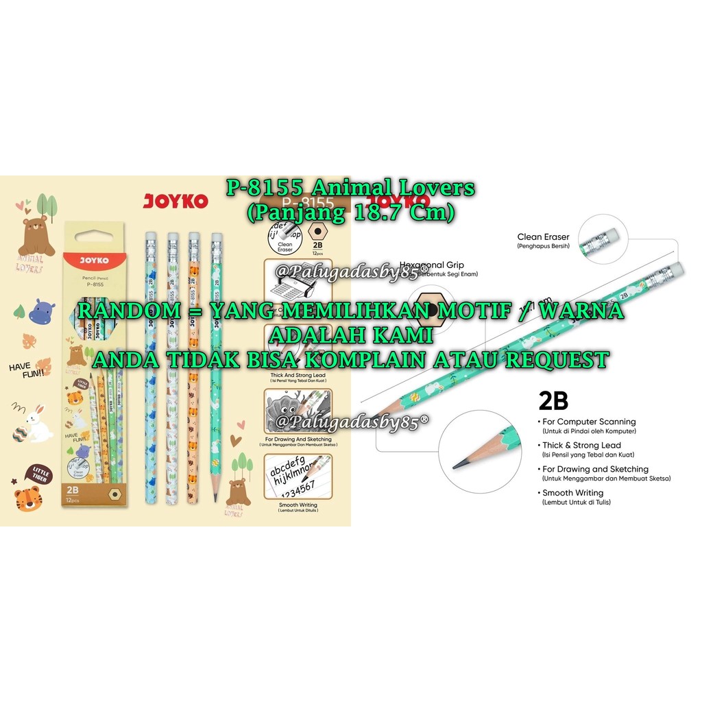 (1 ชิ้น) WHOLESALE JOYKO P-8155 2B Animal Lovers RANDOM Pencils / Pencil P-8155 2B (1 ชิ้น)