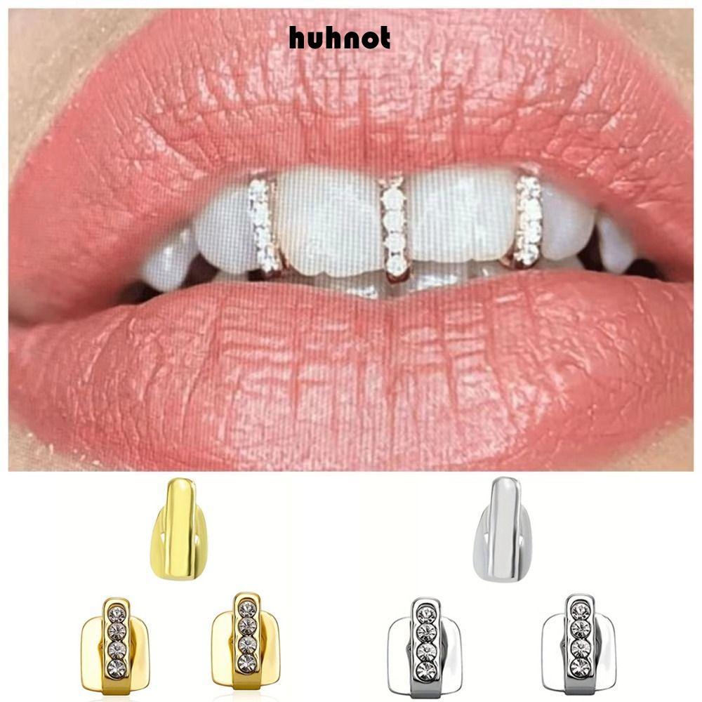 HUHNOT 3 ชิ้น Grillz, Hollow Shiny Zircon Hip Hop ฟัน Grillz, Rhinestone ฟันหมวกผู้หญิงผู้ชาย
