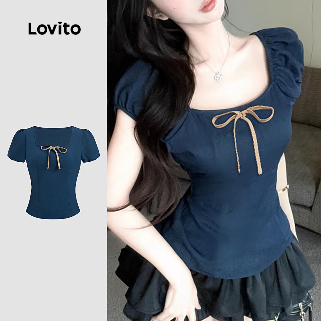 Lovito พัฟแขนเสื้อคอสี่เหลี่ยมผูกเชือกเอวแคบ BLB154P1D256