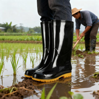 รองเท้าบูทยางสีดำสูง รองเท้าบูทกันน้ำ กันน้ำ พื้นลายหยักกันล…