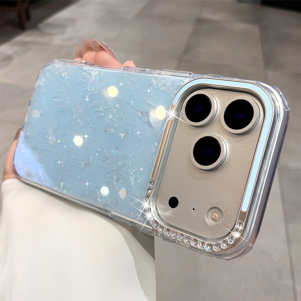 iPhone17 กรณีAesthetics flash Diamond เลนส์ hard Case สําหรับ iPhone 13 14 15 16 17 Pro max Plus TPU เคสกันกระแทก