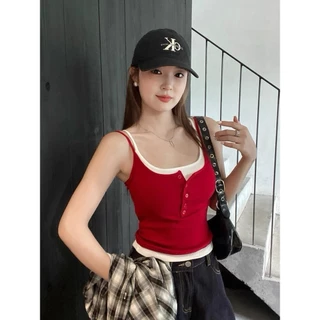 🎀Miss Kitty เสื้อสายเดี่ยวแต่งสองชั้น มีเสริมฟองน้ำในตัว แขนกุด เสื้อผ้าแฟชั่นผู้หญิง