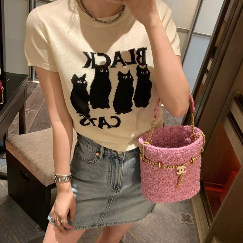 YUYEE _ Black Cat~Light Sweet Cool สไตล์แมวถักแขนสั้นเสื้อยืดผู้หญิงฤดูร้อนหลวมสั้นสไตล์ Mink Me FFN