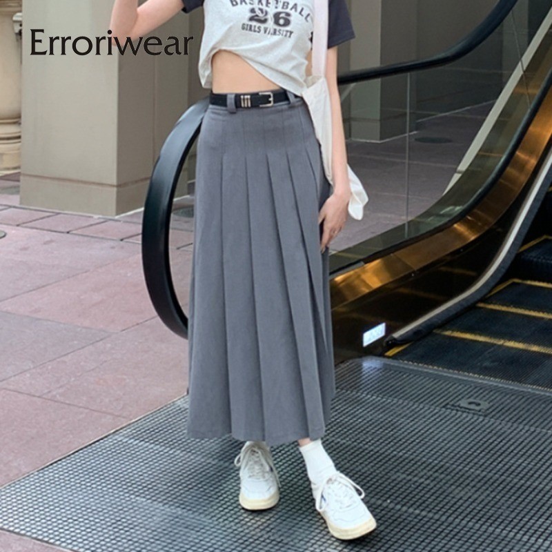 Errokiwear ผู้หญิง Maxi กระโปรงจีบใหม่สีทึบหลวมยาว