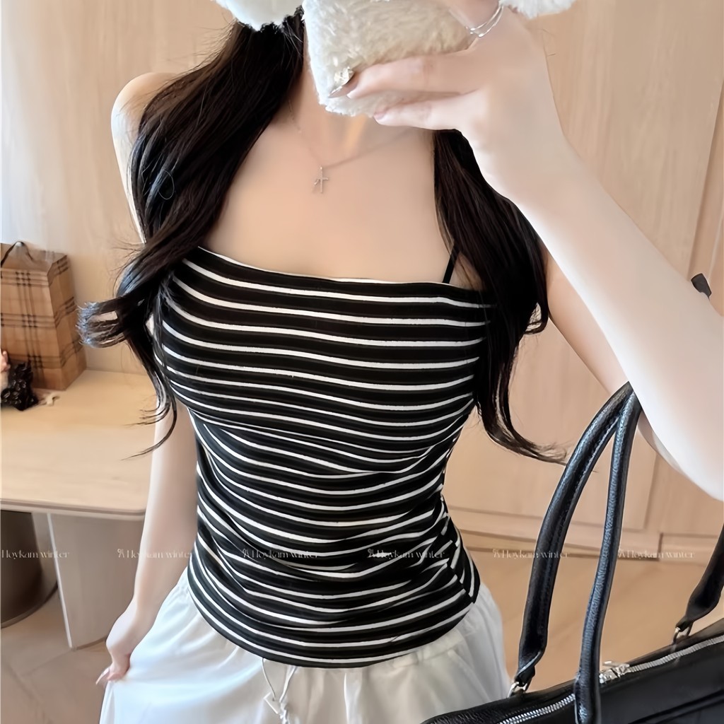 SuSu สายเดี่ยว ใส่สบาย ผ้ายืด ลายเส้น ด้วยฟองน้ำ ผ้านุ่ม ครอปแขนสั้น ราคา ถูกที่สุด ดีลบีเคเค แกลเลอรีภาพที่ 7