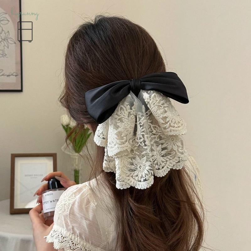 [bigrunng] ลูกไม้ฝรั่งเศสโบว์หางม้าคลิปหวานโบฮีเมียวันหยุดสไตล์กิ๊บอุปกรณ์ผม สจ