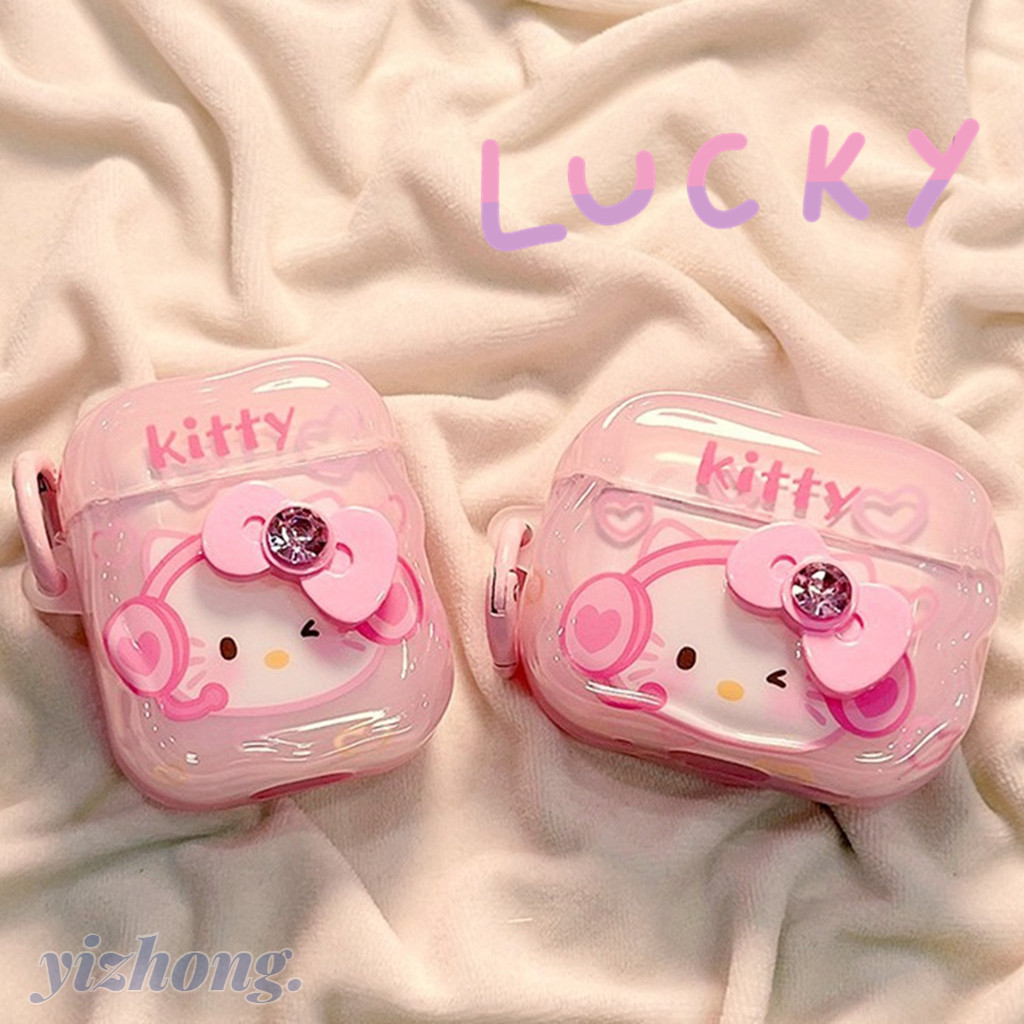 สําหรับ Airpods 4 Pro 3 2 1 3D Bowknot Decor สีชมพูหวาน Hello Kitty รูปแบบน่ารัก TPU นุ่มหูฟังบลูทูธพร้อมแหวนหัวเข็มขัดชุดหูฟังไร้สาย Earbud Anti-fall ฝาครอบป้องกัน