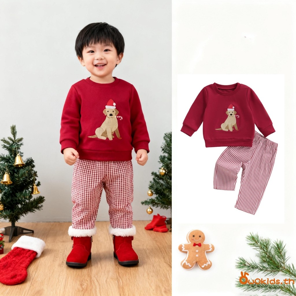 ชุดคริสต์มาสสุนัข สำหรับเด็กอายุ 0-3 ปี สไตล์แขนยาวและกางเกงลายสก็อต ชุด 2 ชิ้น