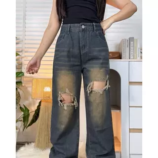 K JEANS กางเกงยีนส์สาวอวบกระบอกลิซ่า (แต่งขาดสีอ่อน แนะนำเผื่อ 1 ไซต์)สีสนิมรหัส 858#แต่งขาด ไซต์ 2XL-6XL เอว32-42