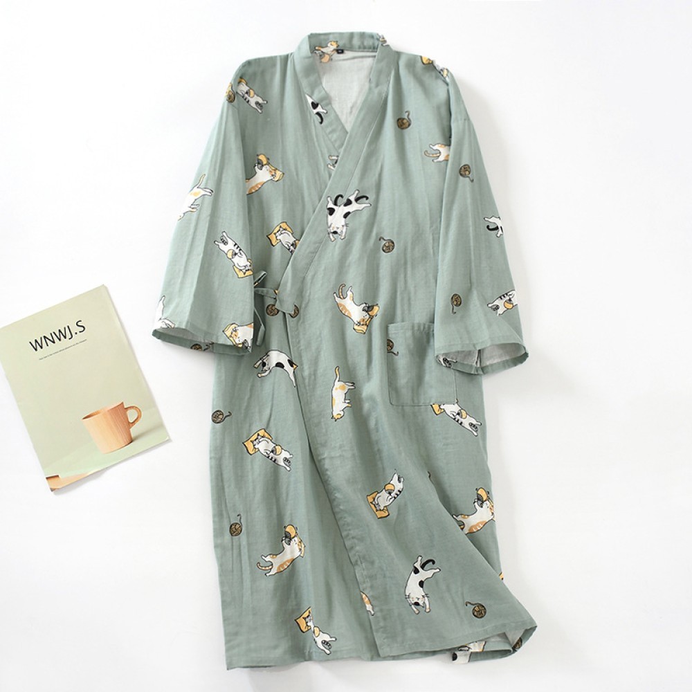 Yukata Kimono Cotton100 เสื้อคลุมอาบน้ํา Tie ชุดนอนผ้าฝ้ายดูดซับ Yukata เสื้อคลุมอาบน้ํากิโมโนLittlestar6 ✨Lzbao17.th✨