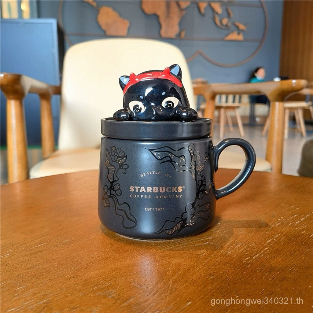 Breeze Cup.Starbucks Ceramic coffee mug Black cat cartoon pattern with lid, gift, 385 ml. Y7AI - รูปที่ 4