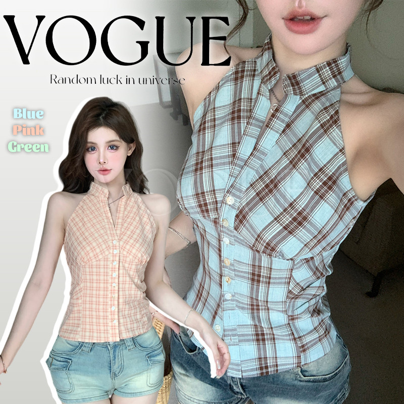 Vogue🌟พร้อมส่ง🌟 เสื้อคอปก ทรงครอปสั้น ลายสก็อตสีพาสเทลน่ารักมาก (FY5640)
