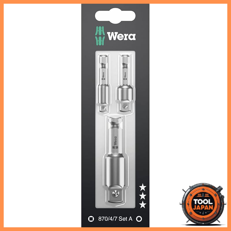 Wera three piece tool adapter set for power tools, square drive sizes quarter inch, three eighths in
