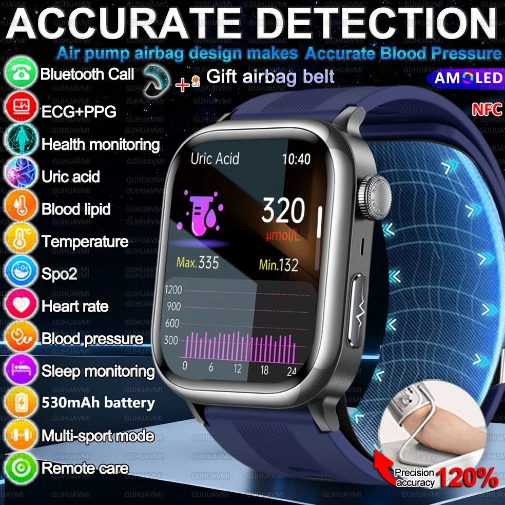 2026 ใหม่ปั๊มลมถุงลมนิรภัย AMOLED สมาร์ทนาฬิกา Uric Acid ความดันโลหิตกีฬาสุขภาพกันน้ํา NFC สมาร์ทนาฬิกาสําหรับผู้ชายผู้หญิง