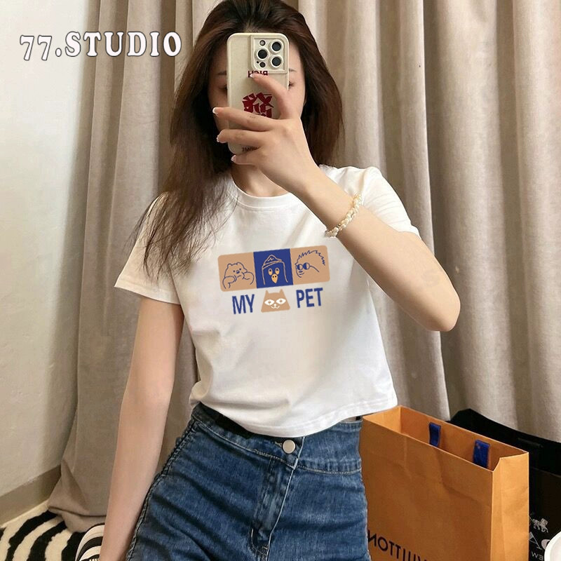 พร้อมส่ง  เสื้อครอปแขนสั้น ผ้าคัตคอน นิ่มใส่สบาย100%Cotton  ลายการ์ตูน  เสื้อยืดพิมพ์ลาย baby tee T-shirt
