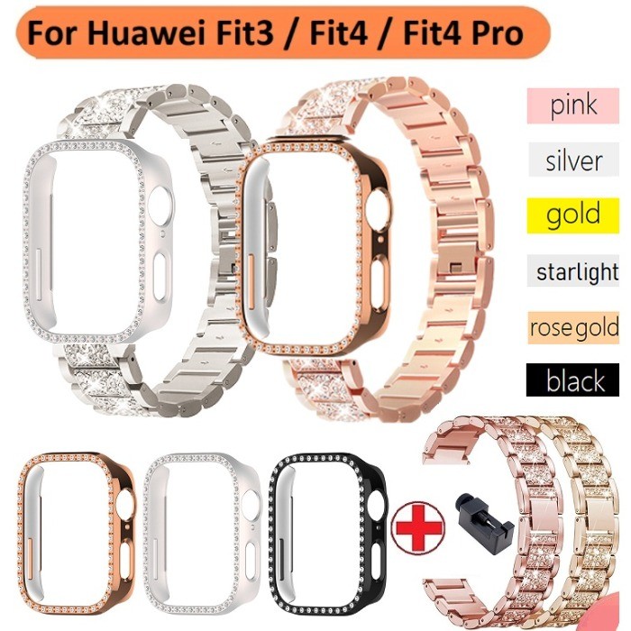 สายเพชร + สําหรับ Huawei Watch Fit 3 4 Pro สายโลหะ Huawei Watch Fit 4 3 เพชรสําหรับ Huawei Watch Fit 4 Pro 3 Bling สายคล้องและป้องกันกรณี