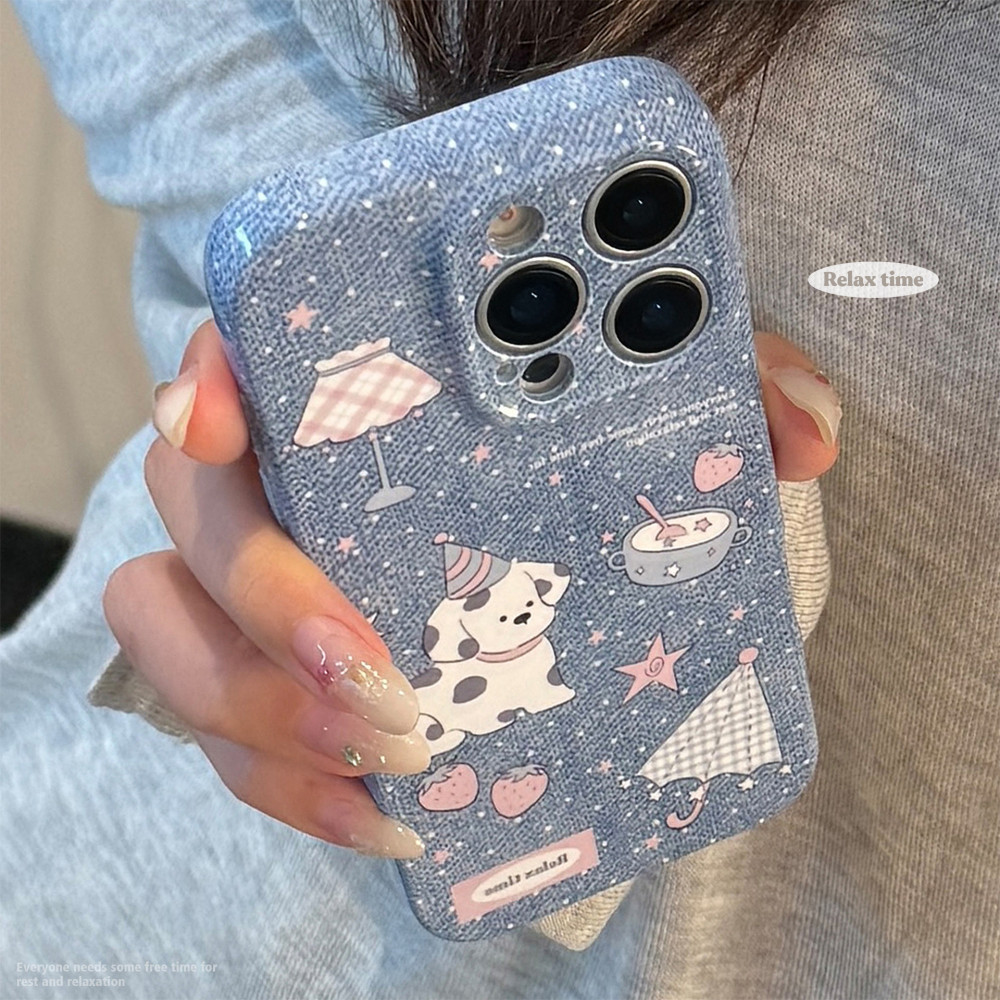 Ins Denim Blue Stars Party Puppy ภาพประกอบ iPhone สําหรับ iPhone 17 Pro Max 17 Pro 17 Air 17 16 15 14 13 12 11 XS Max XR X/XS 7/8 Plus Anti Drop Hard PC ฝาหลัง