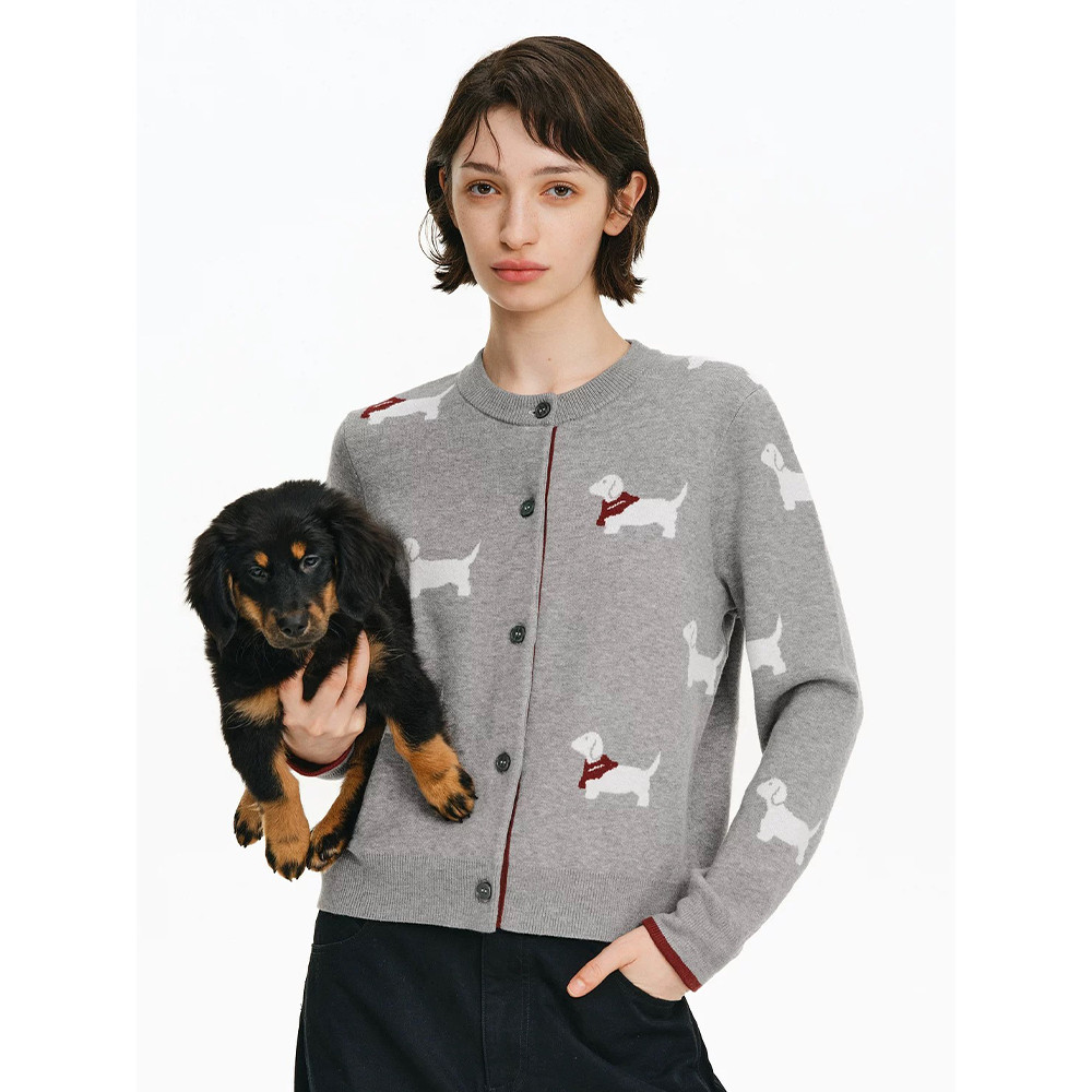 Vogue🌟พร้อมส่ง🌟 เสื้อคลุมไหมพรมแขนยาว คอกลม ดีเทลลายน้องหมาสีเทาดำ (BK57) - รูปที่ 3