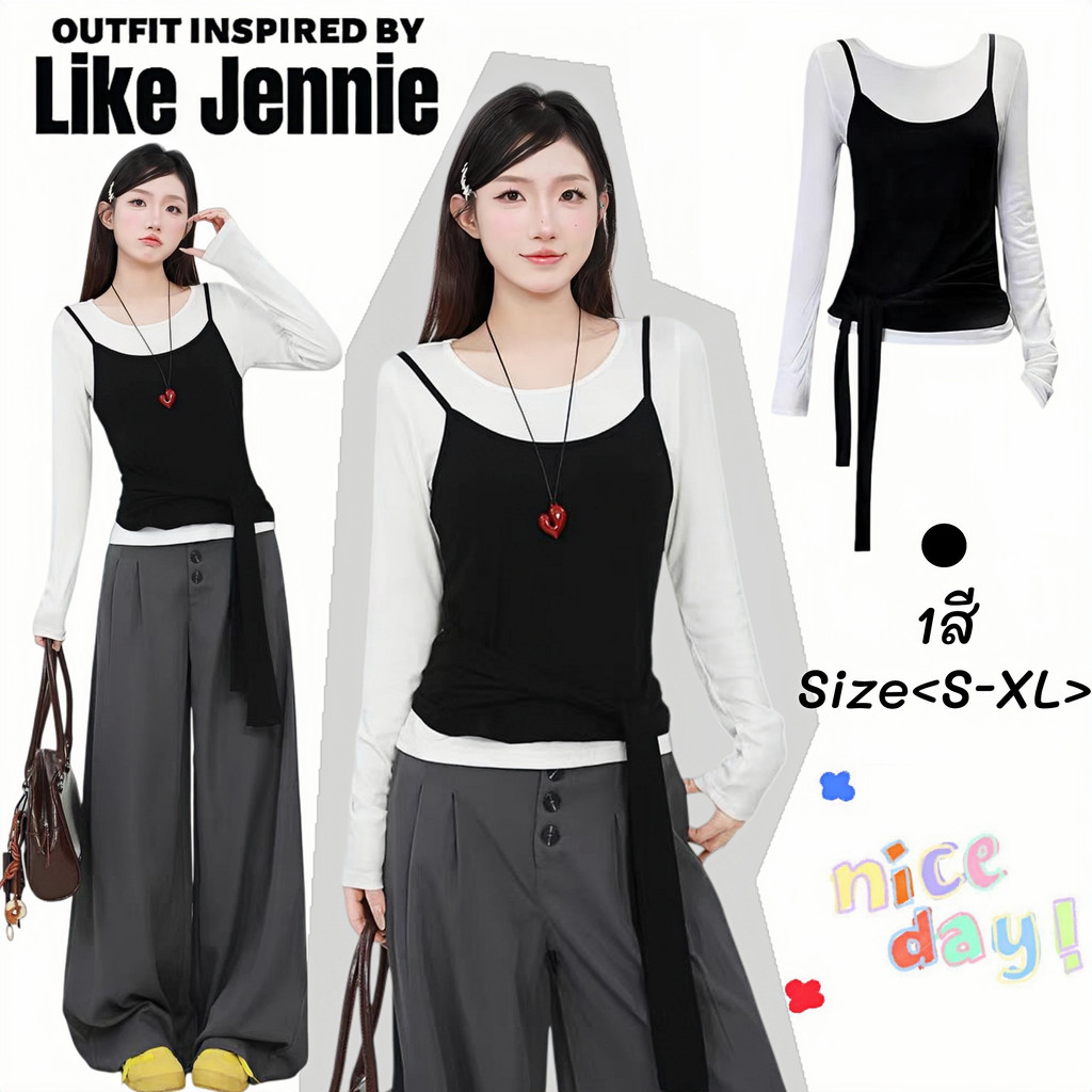 Jennie🧸พร้อมส่ง☔️เสื้อยืแขนยาวผู้หญิง เสื้อ2ชิ้นติดกับ ดีไซน์โปว์ผูกเอวคอกลม ลำลอง แฟชั่นผู้หญิเสื้อครอปทรงเข้ารูปสีดำ