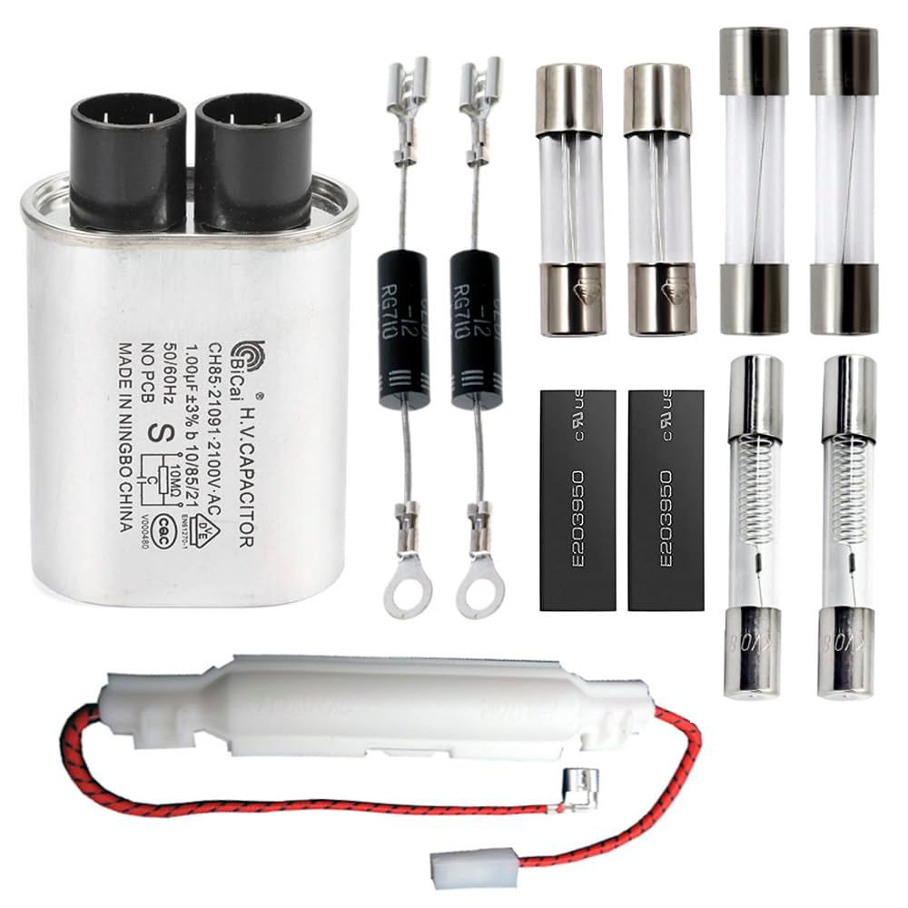 ชุดซ่อมเตาอบไมโครเวฟที่บ้าน - HV Capacitor 2100V 1.0uF, Diode CL01-12, ฟิวส์เป่าช้า 5x20 มม., 6x30 ม