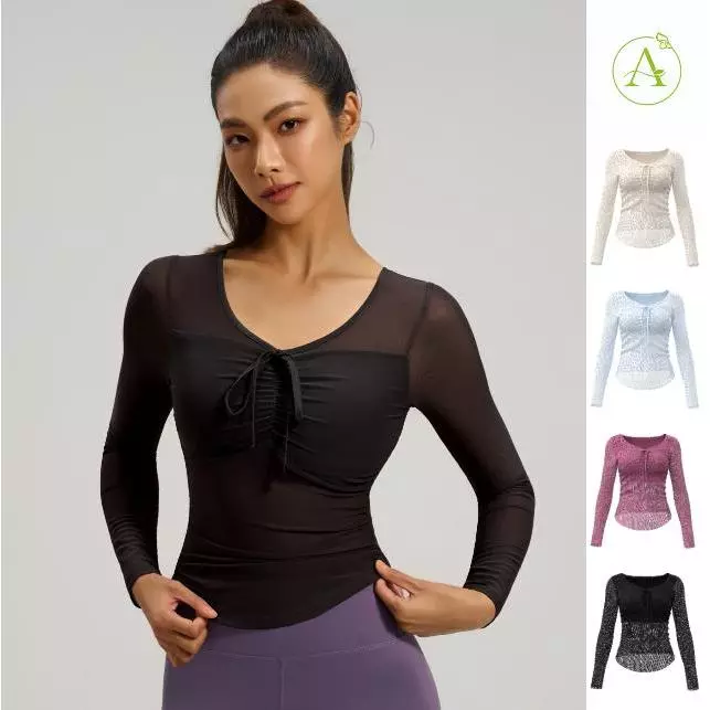 รุ่นใหม่ ArayaLady เสื้อแขนยาวผ้าซีทรู สปอร์ตบราในตัว เสื้อครอปโยคะแขนยาว AT-JYJC025