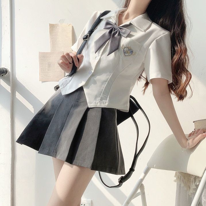 ปัก jk Top แคบ-เอวเสื้อผู้หญิง Pure Desire สีขาว Preppy สไตล์สาวร้อน jk เสื้อจีบกระโปรงชุดชุดสองชิ้น