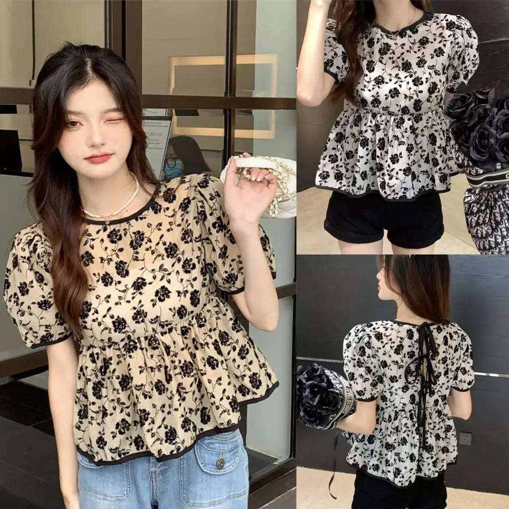 Chili Koko เสื้อเบลาส์แขนพองพิมพ์ลายดอกไม้สไตล์ฝรั่งเศสสำหรับผู้หญิง ผูกด้านหลัง เสื้อแขนสั้นสไตล์เรโทร W682