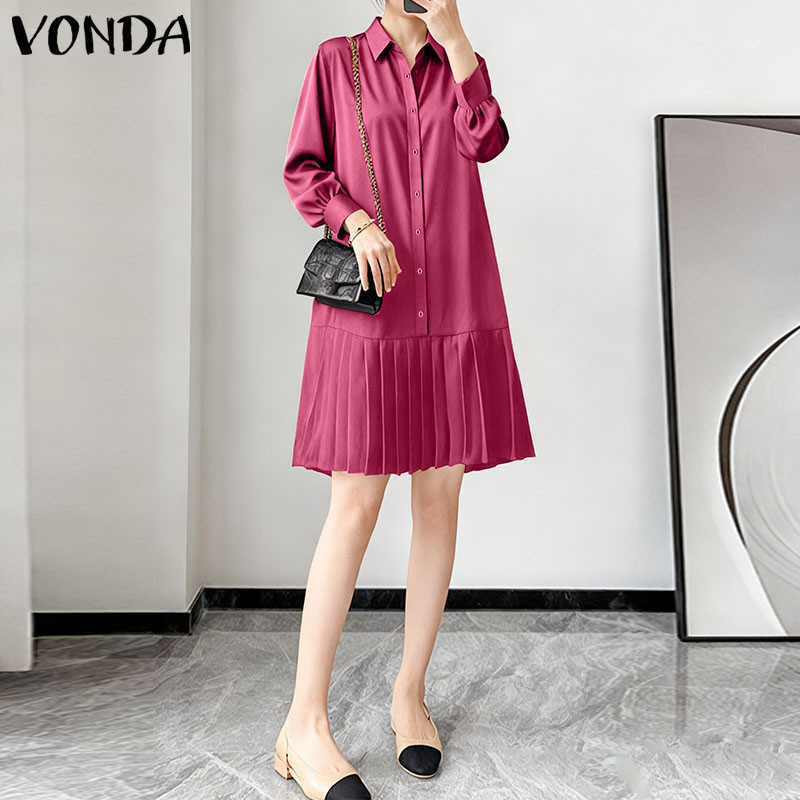 VONDA ผู้หญิงเสื้อสีทึบเกาหลี, แขนยาวแขนพองและชุดเดรสยาว Hem — صورة 6