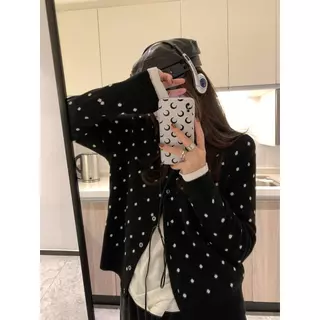 Chili Koko เสื้อคาร์ดิแกนถักคอกลมแขนยาวลายจุดสำหรับผู้หญิง กระดุมแถวเดียว เสื้อโค้ทสเวตเตอร์แขนยาวลำลอง 88040