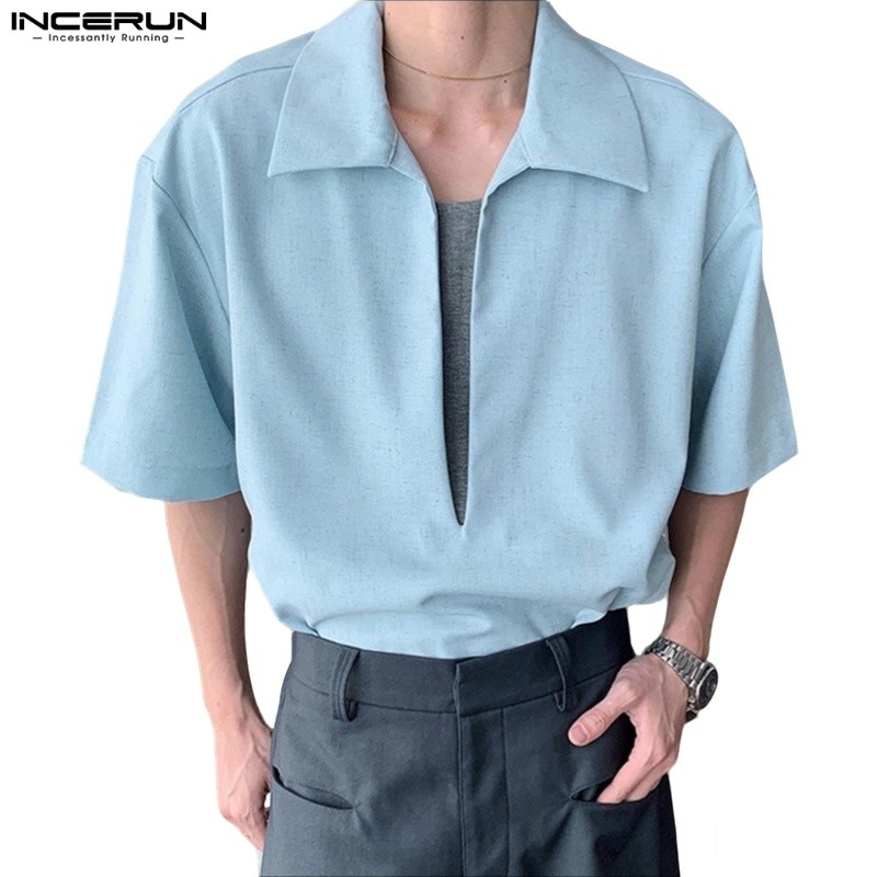 INCERUN เสื้อยืดคอปกสีทึบสำหรับผู้ชาย