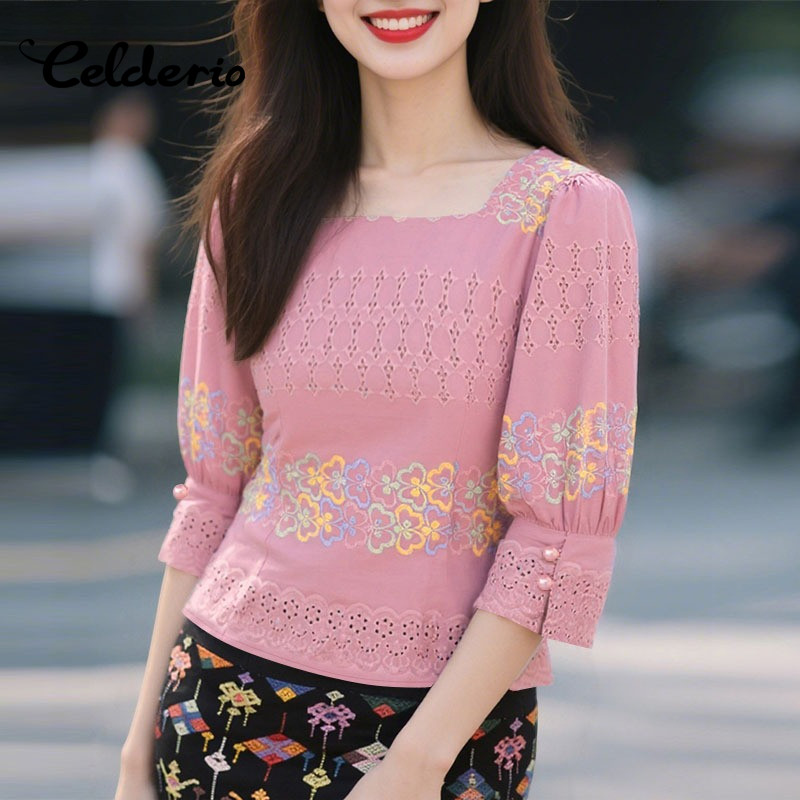 Celderio สแควร์คอ 3/4 แขน พิมพ์ลายดอกไม้ สไตล์ใส่สบาย สำหรับวันหยุด