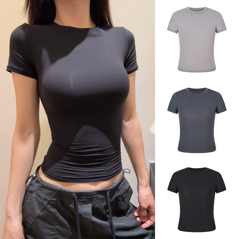 Moses Queen/Moss Queen/Moses Queen Quick-Drying กีฬาสไตล์ด้านหน้าไหล่แขนสั้นเสื้อยืดสาวร้อน Slim-fit