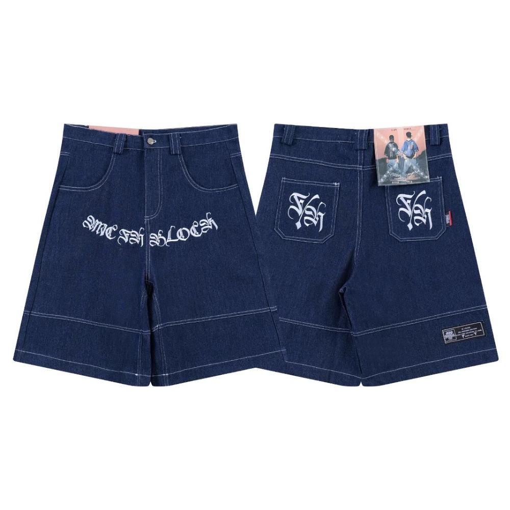 Men's Chicano Streetwear ผ้าฝ้ายลายปัก Denim กระโปรงขายาวแบบแคปริ แฟชั่นฤดูร้อน